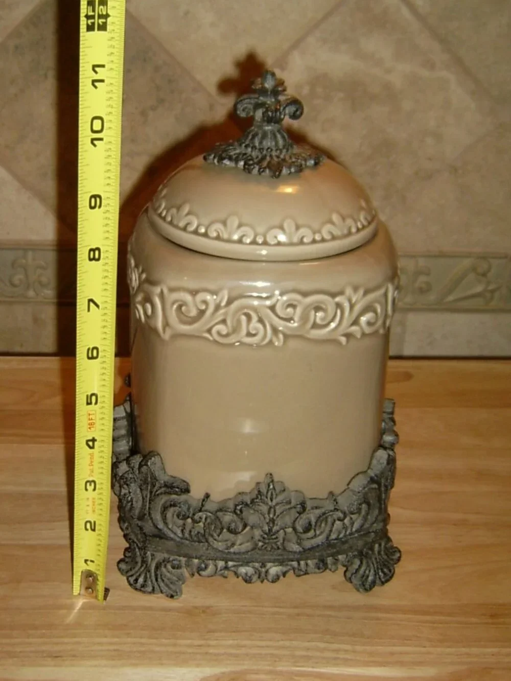 Drake Design Taupe Tuscan Scroll Canister, VGUC
